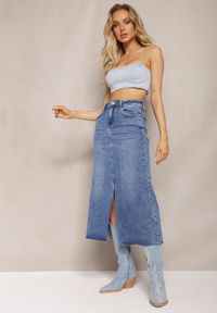 Renee - Niebieska Spódnica Maxi z Rozcięciem z Jeansu Vonuline. Stan: podwyższony. Kolor: niebieski. Materiał: jeans. Styl: sportowy, elegancki #4