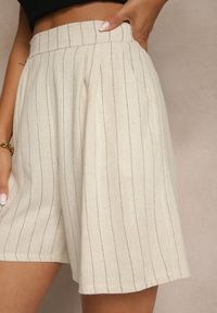 Renee - Beżowe Szorty z Lnem i Wiskozą High Waist w Paski Kolirelle. Okazja: na co dzień, na spacer. Stan: podwyższony. Kolor: beżowy. Materiał: len, wiskoza. Wzór: paski. Styl: casual #3