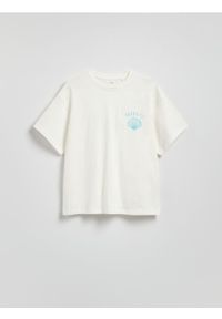 Reserved - Bawełniany t-shirt z nadrukiem - złamana biel. Materiał: bawełna. Wzór: nadruk