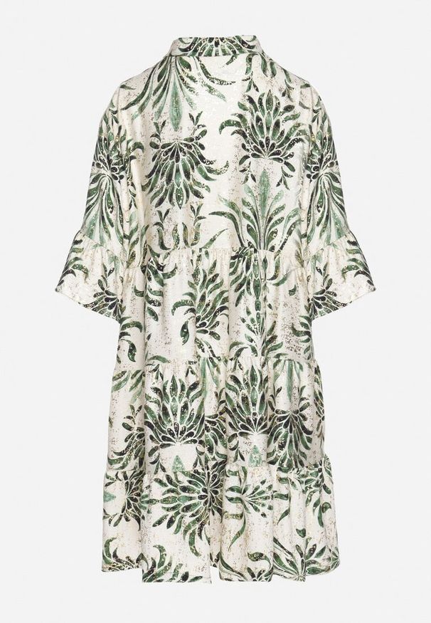 Born2be - Zielono-Beżowa Rozkloszowana Sukienka z Lnem z Metalicznym Nadrukiem Filasenia. Okazja: na spacer. Typ kołnierza: kołnierz z falbankami, dekolt w kształcie V. Kolor: zielony. Materiał: len. Wzór: nadruk. Sezon: lato. Styl: elegancki