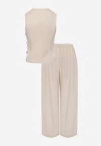 Renee - Jasnobeżowy Komplet Garniturowy Spodnie Wide Leg i Kamizelka z Paskami z Klamrami Sartora. Kolor: beżowy #6
