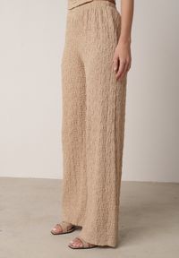 Born2be - Beżowy Gładki Komplet Szerokie Spodnie i Marszczona Bluzka ze Stójką Merithie. Kolor: beżowy. Materiał: materiał. Wzór: gładki #5