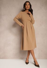 Renee - Ciemnobeżowa Rozkloszowana Sukienka w Eleganckim Stylu Temilissa. Okazja: na co dzień, na imprezę, na spotkanie biznesowe. Kolor: beżowy. Typ sukienki: rozkloszowane. Styl: elegancki #4