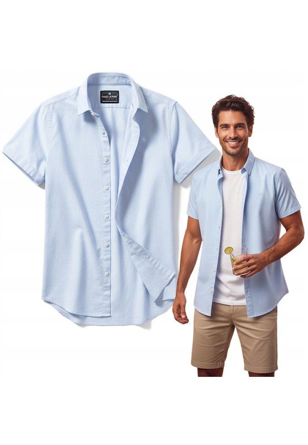 Lniano-Bawełniana Koszula Męska - Pako Jeans - Błękitna. Okazja: na co dzień. Typ kołnierza: button down. Kolor: niebieski. Materiał: bawełna, len. Styl: casual