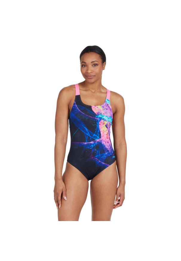 ZOGGS - Strój Kąpielowy Zoggs Speedback – Z Nadrukiem Acid Wave – Rozmiar 32. Kolor: niebieski, wielokolorowy, różowy. Wzór: nadruk