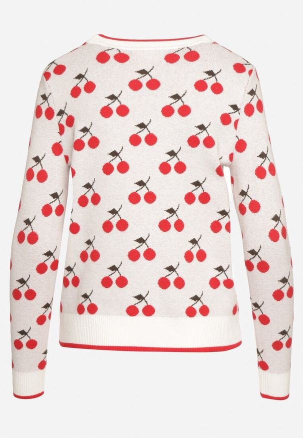 Born2be - Biały Sweter z Wiskozą o Prostym Kroju Zdobiony Wzorem w Wisienki Avandirae. Okazja: na co dzień. Kolor: biały. Materiał: wiskoza. Wzór: aplikacja. Styl: casual