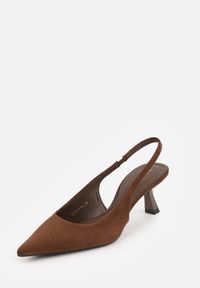 Born2be - Ciemnobrązowe Czółenka z Odkrytą Piętą VICES na Obcasie Kaczuszka Anatema. Okazja: na co dzień. Kolor: brązowy. Materiał: zamsz, jeans. Obcas: na obcasie. Styl: casual, elegancki. Wysokość obcasa: średni #8