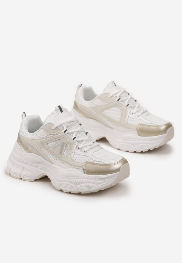 Born2be - Złote Sneakersy na Grubej Podeszwie z Metalicznymi Wstawkami i Siateczką Aterim. Kolor: biały