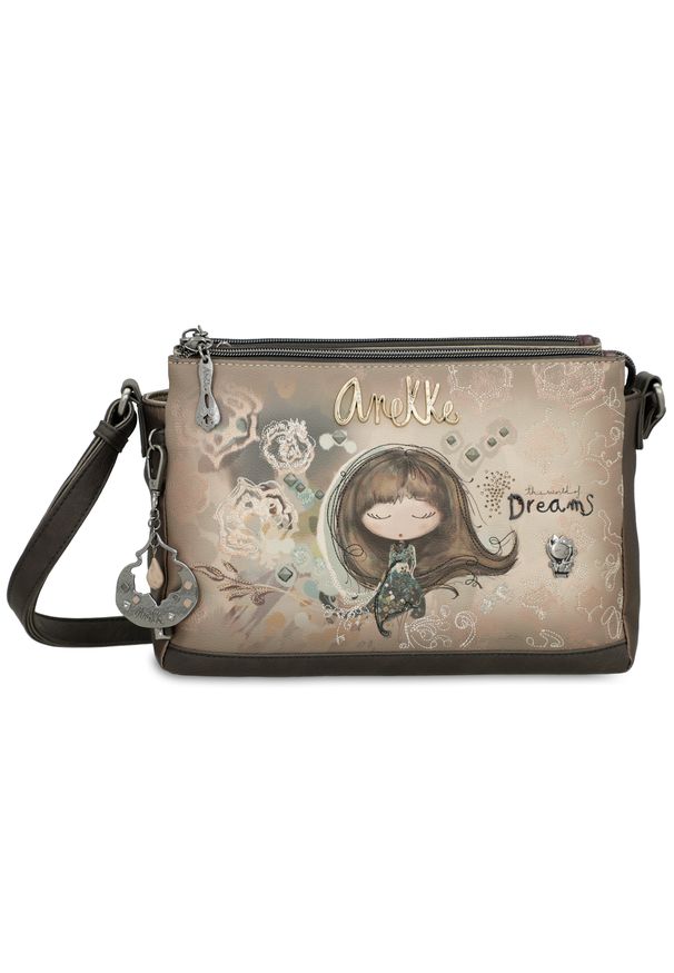 Torebka damska Anekke, mała we wzory z regulowanym paskiem zapinana na zamek, brązowa, 41703-184. Kolor: brązowy. Wzór: kwiaty, motyw z bajki, haft. Dodatki: z breloczkiem, z haftem. Styl: casual