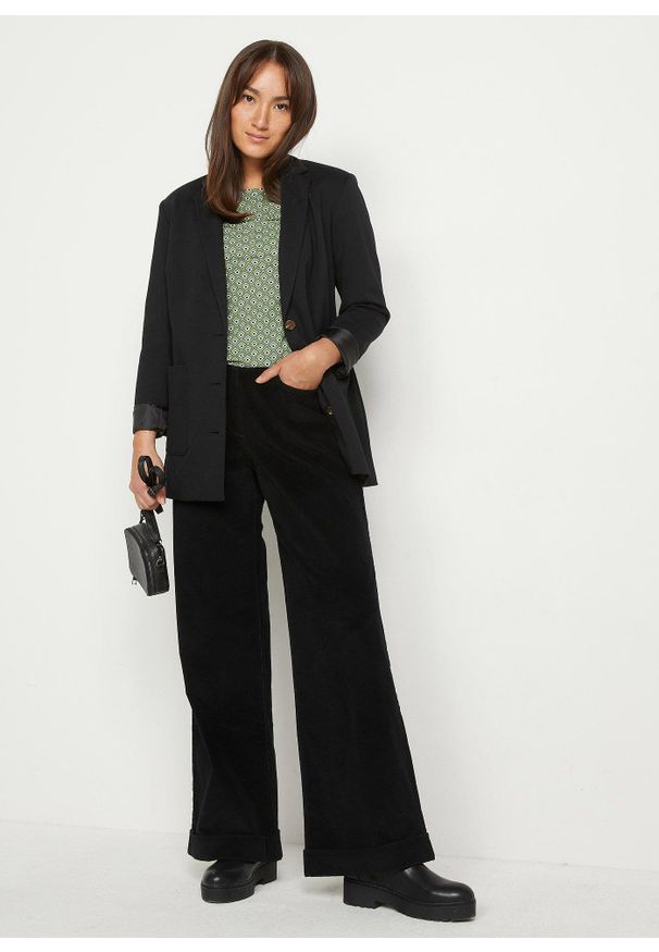 bonprix - Szerokie spodnie sztruksowe ze stretchem, high waist. Stan: podwyższony. Kolor: czarny. Materiał: sztruks