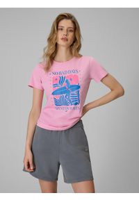 4f - 4F T-shirt regular z nadrukiem damski - różowy XS. Okazja: na co dzień. Kolor: różowy. Materiał: materiał, bawełna, dzianina. Wzór: nadruk. Styl: casual #1