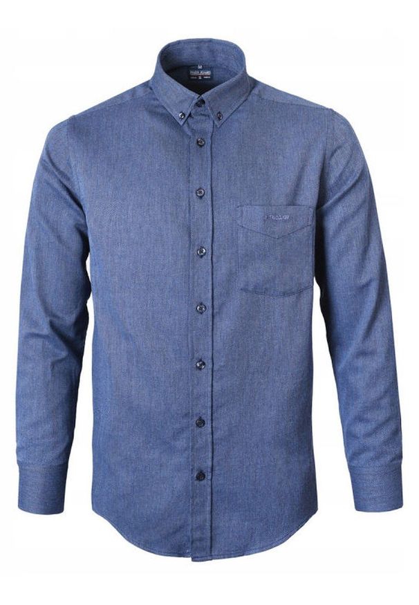 Casualowa Koszula, Kołnierzyk Button Down - Pako Jeans - Granat, Jodełka. Okazja: na co dzień. Typ kołnierza: button down. Kolor: niebieski. Materiał: bawełna. Wzór: jodełka. Sezon: lato. Styl: casual
