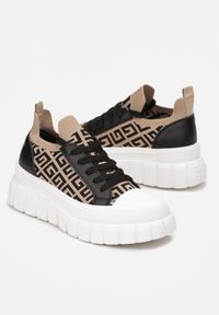 Born2be - Beżowo-Czarne Sneakersy na Platformie z Geometrycznym Wzorem Lallana. Nosek buta: okrągły. Kolor: beżowy. Materiał: materiał, guma. Szerokość cholewki: normalna. Wzór: geometria. Obcas: na platformie #2