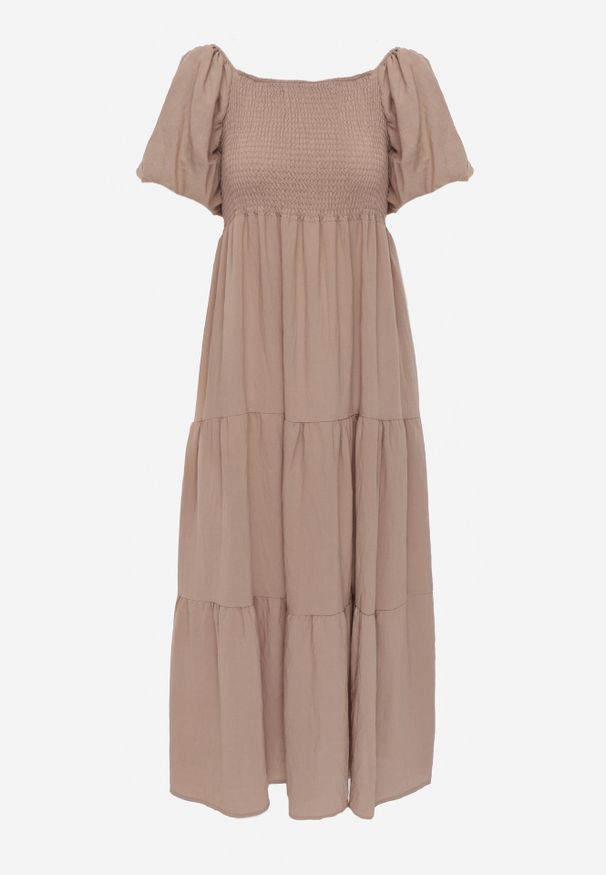 Renee - Beżowa Sukienka z Wiskozy o Rozkloszowanym Kroju z Bufiastymi Rękawkami Rosena. Kolor: beżowy. Materiał: wiskoza. Długość rękawa: krótki rękaw. Sezon: lato. Typ sukienki: rozkloszowane. Długość: maxi