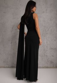 Renee - Czarna Wieczorowa Sukienka Marszczona z Wszytym Szalem i Biżuteryjną Broszką Cezalia. Okazja: na wesele, na studniówkę, na ślub cywilny. Kolor: czarny. Typ sukienki: proste. Styl: wizytowy #11