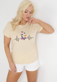 Born2be - Beżowy T-shirt z Bawełny z Krótkim Rękawem i Nadrukiem w Motyle Katelin. Kolekcja: plus size. Kolor: beżowy. Materiał: bawełna. Długość rękawa: krótki rękaw. Długość: krótkie. Wzór: nadruk