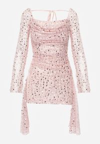 Born2be - Różowa Cekinowa Sukienka VICES o Dopasowanym Kroju z Wiązaniem Adrasalphia. Kolor: różowy. Styl: elegancki, klasyczny #7