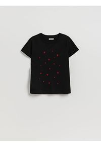 Reserved - T-shirt z drobnym haftem - czarny. Kolor: czarny. Materiał: bawełna, dzianina. Wzór: haft