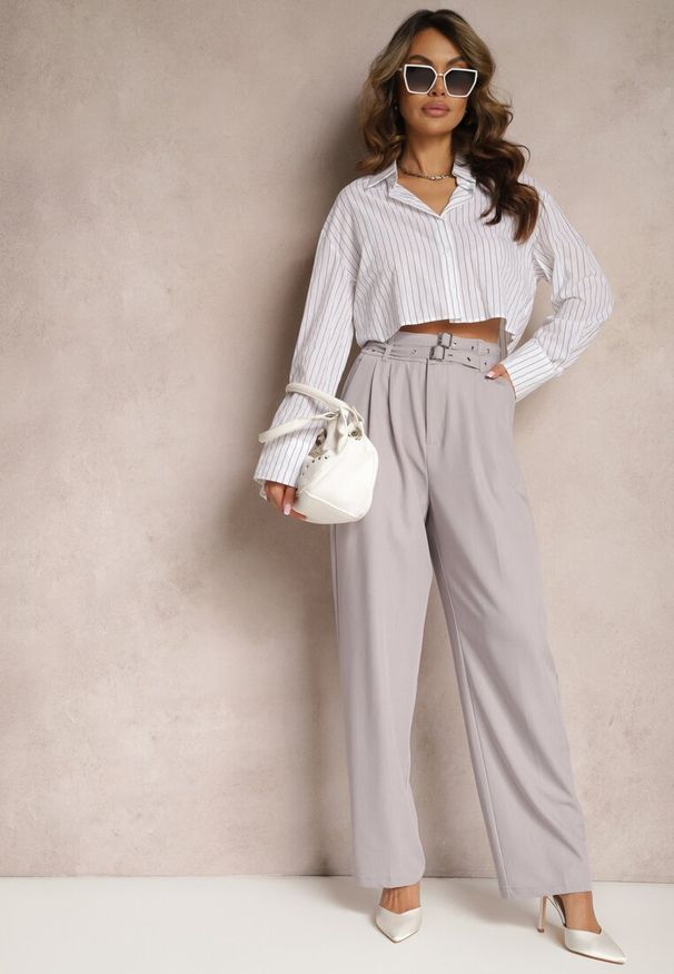 Renee - Szare Spodnie High Waist w Stylu Garniturowym z Paskami i Klamerkami Daklena. Stan: podwyższony. Kolor: szary. Styl: elegancki