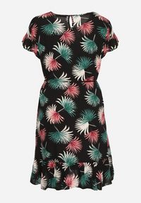 Born2be - Czarno-Zielona Bawełniana Sukienka z Florystycznym Motywem i Wiązaniem w Talii Rissani. Okazja: na randkę. Kolor: czarny. Materiał: bawełna. Sezon: lato #3