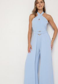 Born2be - Niebieski Koktajlowy Kombinezon Wiązany na Szyję z Paskiem Melafela. Okazja: na imprezę. Kolor: niebieski. Materiał: materiał. Styl: wizytowy #3