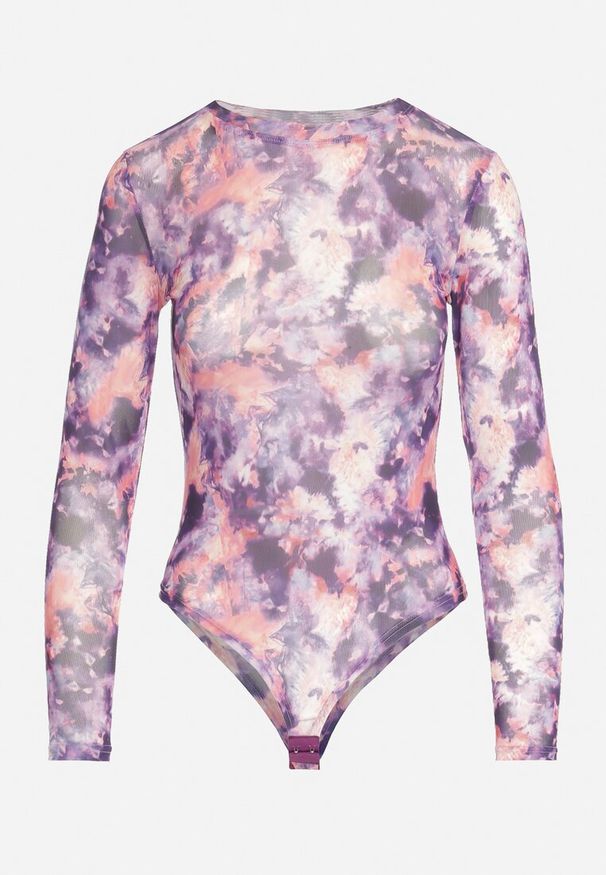 Born2be - Fioletowe Siateczkowe Body z Długimi Rękawami i Wzorem Tie-Dye Lenvoria. Kolor: fioletowy. Materiał: jeans, materiał. Długość rękawa: długi rękaw. Długość: długie. Wzór: aplikacja