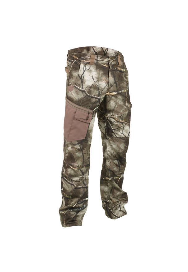 SOLOGNAC - Spodnie myśliwskie Solognac Respi 500 camo treemetic. Kolor: wielokolorowy, brązowy, zielony. Materiał: poliester, bawełna, materiał, tkanina. Sport: outdoor