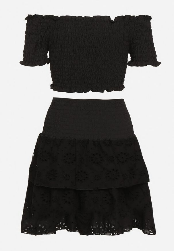 Born2be - Czarny Bawełniany Komplet Krótki Top Typu Hiszpanka Spódnica Ażurowa z Gumką w Pasie Vimabelle. Kolor: czarny. Materiał: bawełna. Wzór: ażurowy