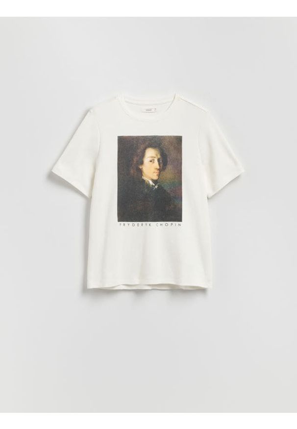 Reserved - T-shirt z nadrukiem - złamana biel. Materiał: bawełna, dzianina. Wzór: nadruk