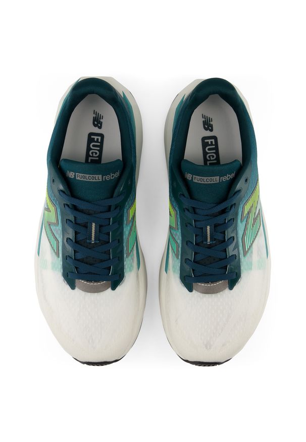Buty męskie New Balance FuelCell Rebel v5 MFCX3HW – zielone. Kolor: zielony. Materiał: syntetyk, materiał, guma. Szerokość cholewki: normalna. Wzór: geometria. Sport: bieganie, fitness