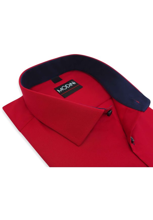 Modini - Czerwona koszula męska z granatowymi kontrastami Y02. Kolor: wielokolorowy, czerwony, niebieski. Materiał: bawełna, poliester, tkanina
