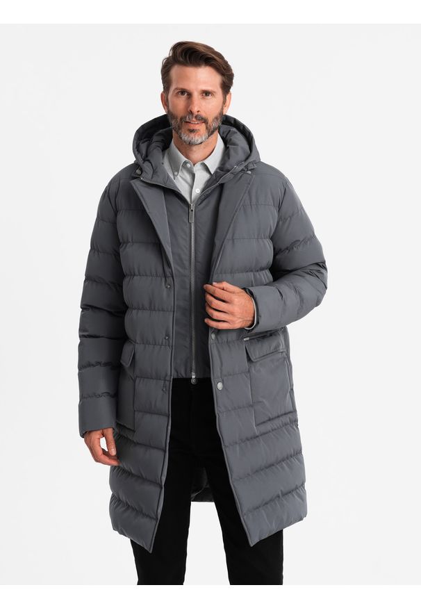 Ombre Clothing - Długa pikowana męska kurtka z klapami i podpinką – grafitowa V2 - Rozmiar: S. Kolor: szary. Materiał: poliester, tkanina, materiał, syntetyk. Długość: długie. Wzór: jednolity. Styl: elegancki