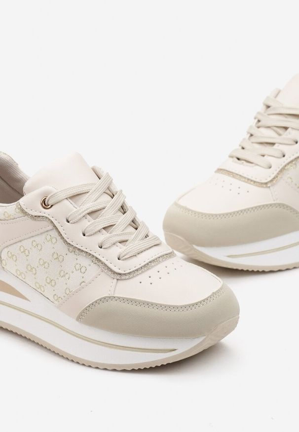 Born2be - Beżowe Brokatowe Sneakersy na Platformie Filena. Kolor: beżowy. Obcas: na platformie