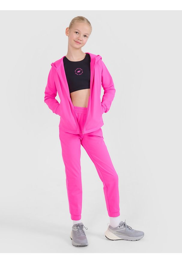 4f - 4F Spodnie sportowe szybkoschnące dziewczęce - różowe 146/152 (10-12 lat). Kolor: różowy. Materiał: elastan, włókno, dzianina, materiał, syntetyk. Wzór: ze splotem, jednolity. Sezon: lato. Sport: fitness