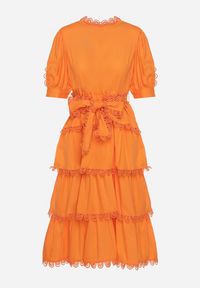 Born2be - Pomarańczowa Sukienka Thellis. Kolor: pomarańczowy. Materiał: materiał, tkanina, koronka. Długość rękawa: krótki rękaw. Wzór: gładki. Styl: elegancki. Długość: midi #5