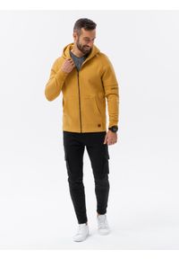 Ombre Clothing - Bluza męska rozpinana hoodie z nadrukami - musztardowa V2 B1423 - L. Kolor: żółty. Materiał: poliester, elastan, bawełna. Wzór: nadruk #3