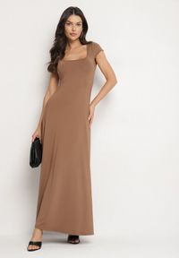Born2be - Brązowa Sukienka z Wiskozą o Rozkloszowanym Kroju z Kwadratowym Dekoltem Nalireina. Okazja: na co dzień. Typ kołnierza: dekolt kwadratowy. Kolor: brązowy. Materiał: wiskoza. Typ sukienki: rozkloszowane, proste. Styl: casual, klasyczny #3