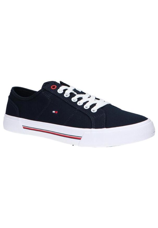 TOMMY HILFIGER - Męskie trampki sportowe Tommy Hilfiger CORE CORPORATE VULC CANVAS. Kolor: biały, niebieski, wielokolorowy. Sport: turystyka piesza