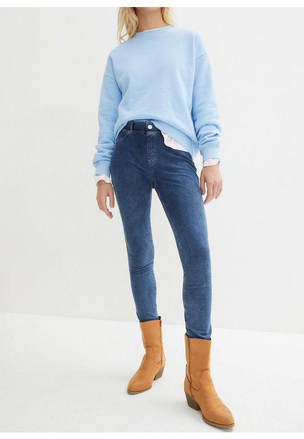 bonprix - Legginsy w optyce denimu. Kolor: niebieski. Wzór: nadruk