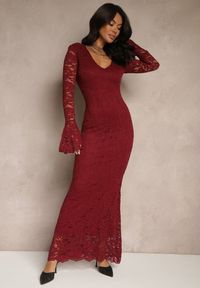 Renee - Bordowa Dopasowana Sukienka Zdobiona Koronką z Rozszerzanym Dołem Hannalis. Okazja: na imprezę. Kolor: czerwony. Materiał: koronka. Wzór: koronka, aplikacja. Typ sukienki: dopasowane. Styl: elegancki #1