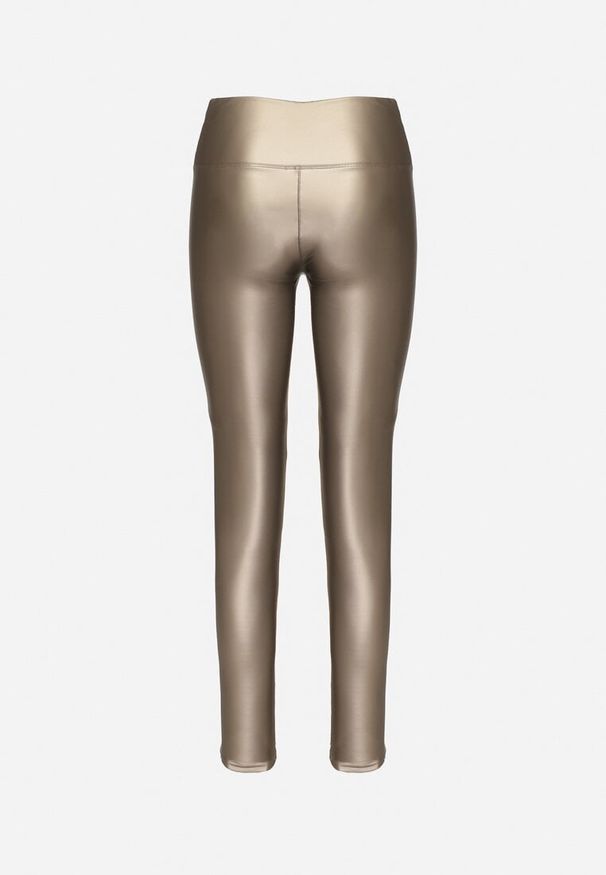 Born2be - Srebrne Legginsy z Ekoskóry z Wysokim Stanem i Polarem Labira. Okazja: na co dzień. Stan: podwyższony. Kolor: złoty. Materiał: polar. Styl: casual, elegancki