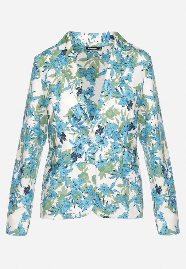 Born2be - Niebiesko-Biała Marynarka Jednorzędowa w Kwiatowy Wzór z Kieszeniami Vastaria. Okazja: do pracy, na co dzień, na spotkanie biznesowe. Kolor: niebieski. Materiał: tkanina, jeans. Wzór: kwiaty. Styl: elegancki, biznesowy, klasyczny, casual