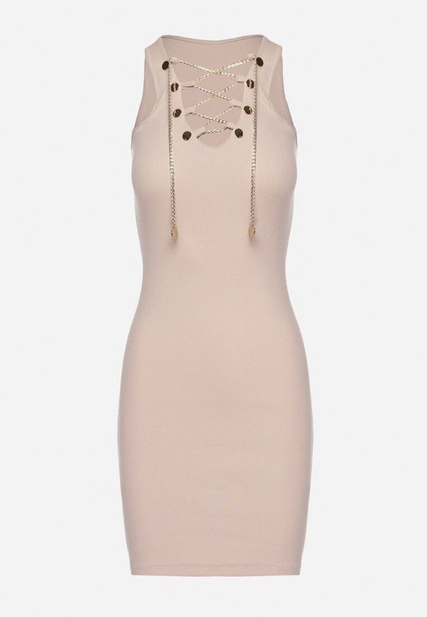 Born2be - Beżowa Bawełniana Sukienka Prążkowana z Ozdobnie Wiązanym Dekoltem Vikimarra. Okazja: na co dzień. Kolor: beżowy. Materiał: prążkowany, bawełna. Długość rękawa: krótki rękaw. Styl: wizytowy, klasyczny, casual, elegancki