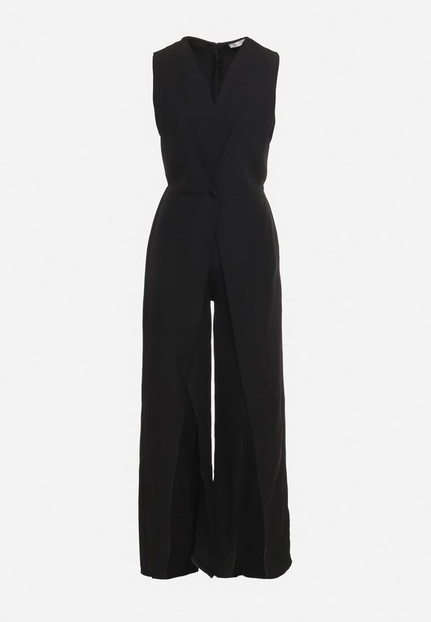 Born2be - Czarny Taliowany Koktajlowy Kombinezon z Kopertowym Dekoltem z Guzikiem i Suwakiem Dimecca. Okazja: na co dzień. Kolor: czarny. Styl: wizytowy