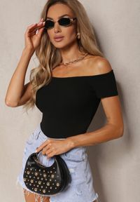 Renee - Czarny Bawełniany T-shirt Top z Hiszpańskim Dekoltem Ertalissa. Okazja: na co dzień. Kolor: czarny. Materiał: bawełna. Długość: krótkie. Sezon: lato. Styl: casual