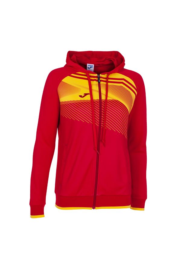 Kurtka do piłki nożnej damska Joma Supernova II z kapturem. Typ kołnierza: kaptur. Kolor: wielokolorowy, żółty, czerwony. Sport: piłka nożna