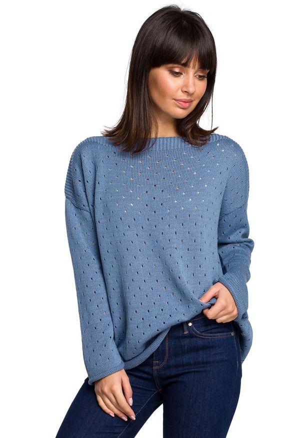 MOE - Niebieski Luźny Ażurowy Sweter. Kolor: niebieski. Materiał: bawełna, akryl. Wzór: ażurowy