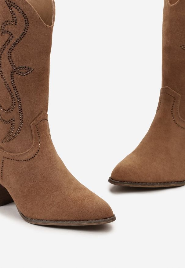 Born2be - Brązowe Botki Kowbojki na Słupku z Cyrkoniami Litoria. Kolor: brązowy. Obcas: na słupku. Styl: boho