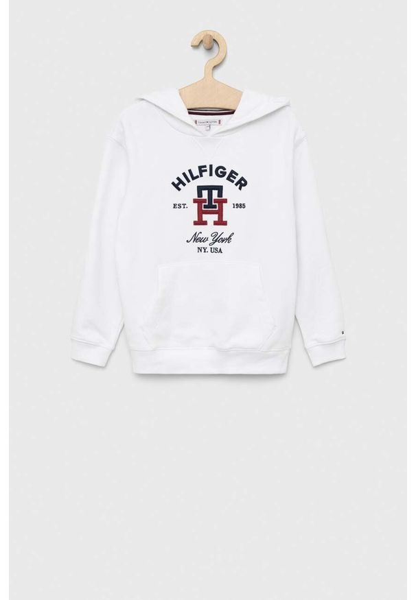 TOMMY HILFIGER - Tommy Hilfiger bluza dziecięca kolor biały z kapturem. Typ kołnierza: kaptur. Kolor: biały. Materiał: bawełna. Wzór: aplikacja