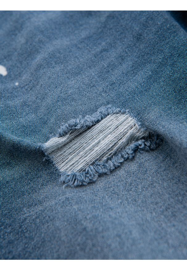 Ombre Clothing - Krótkie męskie spodenki jeansowe z przetarciami i podwiniętą nogawką – niebieskie V2 - Rozmiar: XXL. Okazja: na co dzień. Kolor: niebieski. Materiał: jeans. Długość: krótkie. Wzór: aplikacja. Sezon: lato. Styl: casual